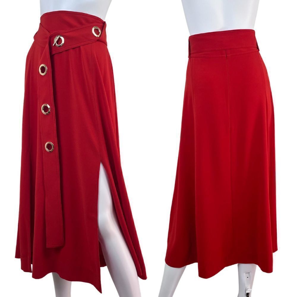 Derek Lam 10 Crosby Women's Size 6 Red Gold Slits Belted Midi NEW A Line Skirt